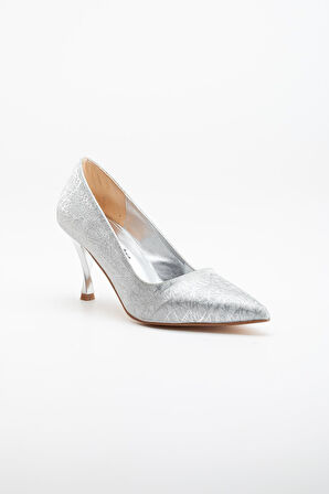 Simli Deri İnce Burgu Topuk Gümüş Kadın Stiletto