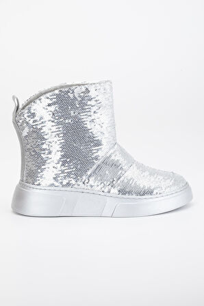 Kadın Bot Düz Taban Gümüş Pullu Bağsız Parlak