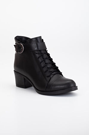 Hakiki Deri Kadın Topuklu Bot Siyah Kısa Bağlı Fermuarlı