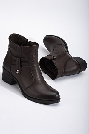 Hakiki Deri Kadın Topuklu Bot Kahve Bağsız Yuvarlak Burun