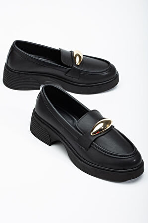 Kadın Günlük Ayakkabısı Siyah Oval Tokalı Saraçlı