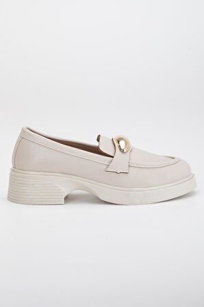 Kadın Günlük Ayakkabısı Bej Oval Tokalı Saraçlı