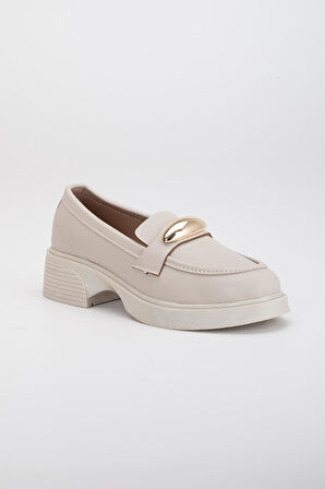 Kadın Günlük Ayakkabısı Bej Oval Tokalı Saraçlı