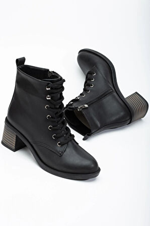 Kadın Topuklu Bot Siyah Bağlı Suni Deri