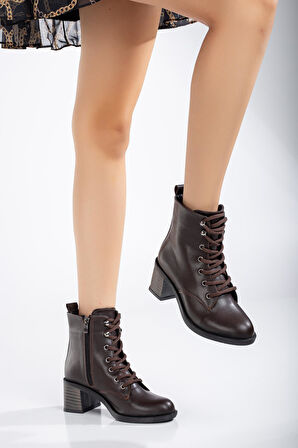 Kadın Topuklu Bot Kahve Bağlı Suni Deri