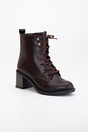 Kadın Topuklu Bot Kahve Bağlı Suni Deri