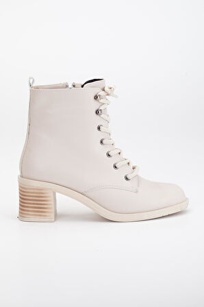 Kadın Topuklu Bot Bej Bağlı Suni Deri