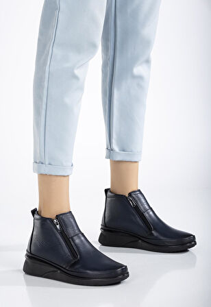 Hakiki Deri Ortopedik Kadın Bot Lacivert 2 Fermuarlı Dolgu Tabanlı