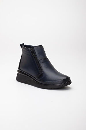 Hakiki Deri Ortopedik Kadın Bot Lacivert 2 Fermuarlı Dolgu Tabanlı