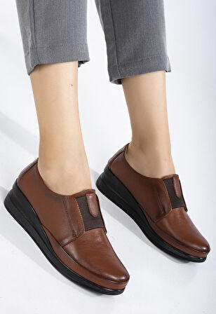 Hakiki Deri Ortopedik Kadın Dolgu Topuklu Ayakkabı Taba Elastik Bantlı Bağsız