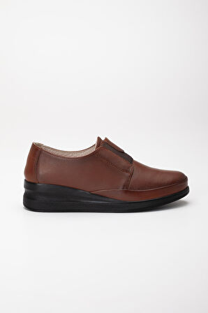 Hakiki Deri Ortopedik Kadın Dolgu Topuklu Ayakkabı Taba Elastik Bantlı Bağsız