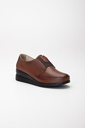 Hakiki Deri Ortopedik Kadın Dolgu Topuklu Ayakkabı Taba Elastik Bantlı Bağsız