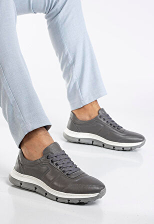 Hakiki Deri Erkek Günlük Ayakkabı Gri Eva Taban Yüzü Dikişli
