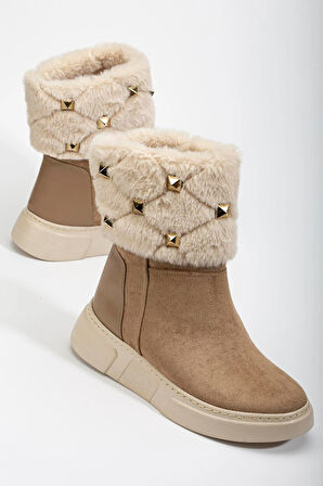 Kadın Düz Topuklu Bot Vizon Süet Kürklü Troklu