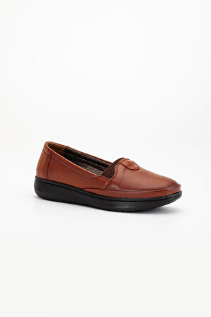 Büyük Numara Hakiki Deri Kadın Günlük Ortopedik Ayakkabı Taba Düz Model