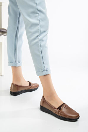 Büyük Numara Hakiki Deri Kadın Günlük Ortopedik Ayakkabı Vizon Düz Model