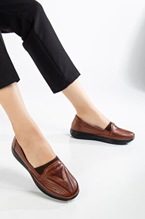 Büyük Numara Hakiki Deri Kadın Günlük Ortopedik Ayakkabı Taba Yüzü Nakışlı