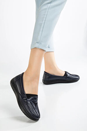 Büyük Numara Hakiki Deri Kadın Günlük Ortopedik Ayakkabı Lacivert Yüzü Nakışlı