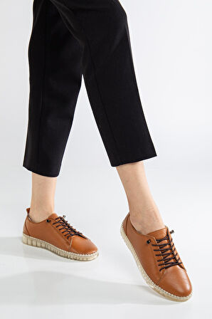 Hakiki Deri Ortopedik Kadın Ayakkabısı Günlük Taba Şeffaf Tabanlı Elastik Bağcıklı