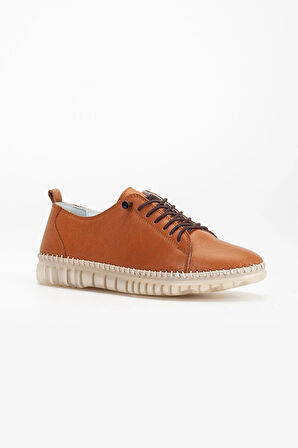 Hakiki Deri Ortopedik Kadın Ayakkabısı Günlük Taba Şeffaf Tabanlı Elastik Bağcıklı