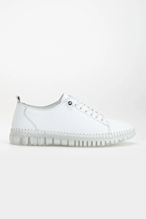 Hakiki Deri Ortopedik Kadın Ayakkabısı Günlük Beyaz Şeffaf Tabanlı Elastik Bağcıklı