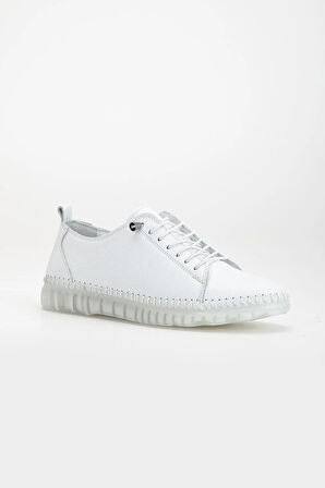 Hakiki Deri Ortopedik Kadın Ayakkabısı Günlük Beyaz Şeffaf Tabanlı Elastik Bağcıklı