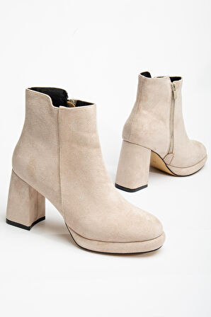 Kadın Platform Topuklu Bot Ten Süet Yüzüdüz Fermuarlı