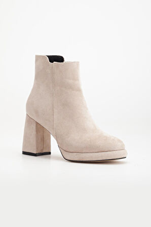 Kadın Platform Topuklu Bot Ten Süet Yüzüdüz Fermuarlı