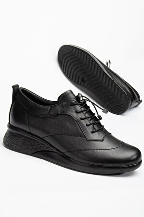 Hakiki Deri Ortopedik Kadın Günlük Ayakkabısı Siyah Dolgu Topuklu Elastik Bağcıklı