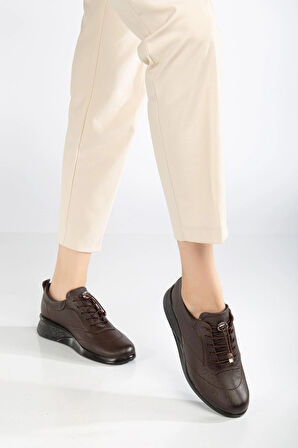 Hakiki Deri Ortopedik Kadın Günlük Ayakkabısı Kahverengi Dolgu Topuklu Elastik Bağcıklı