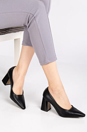 Kadın Kalın Topuklu Stiletto Siyah Düz Model Sivri