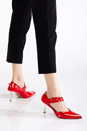 Kadın Stiletto Kırmızı Rugan Baretli İnce Topuklu