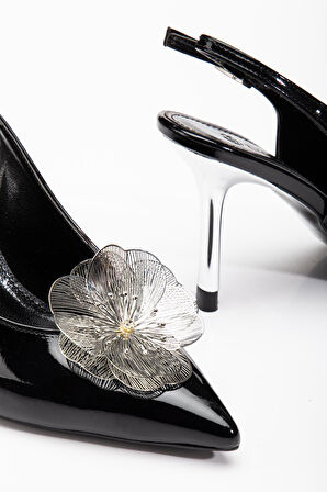 Kadın Abiye Stiletto Siyah Rugan Metal Çiçek Aksesuarlı Galvaniz Ökçe Kaplamalı