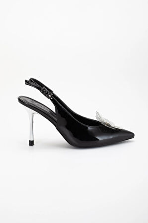 Kadın Abiye Stiletto Siyah Rugan Metal Çiçek Aksesuarlı Galvaniz Ökçe Kaplamalı