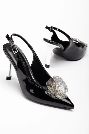 Kadın Abiye Stiletto Siyah Rugan Metal Çiçek Aksesuarlı Galvaniz Ökçe Kaplamalı