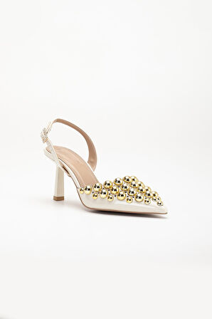 Kadın Topuklu Abiye Ayakkabı Ten Trok Detaylı