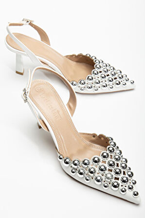 Kadın Topuklu Abiye Ayakkabı Beyaz Trok Detaylı