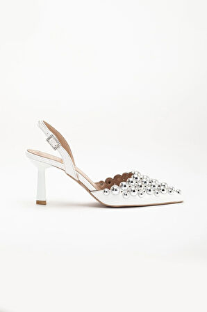 Kadın Topuklu Abiye Ayakkabı Beyaz Trok Detaylı