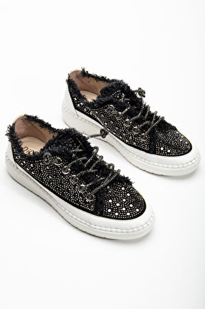 Kadın Günlük Ayakkabı Siyah Taş Bağcıklı Kot Malzeme