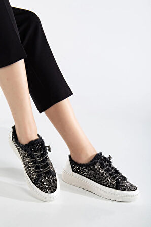 Kadın Günlük Ayakkabı Siyah Taş Bağcıklı Kot Malzeme