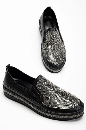 Kadın Günlük Ayakkabı Siyah Taşlı Taban Saraçlı