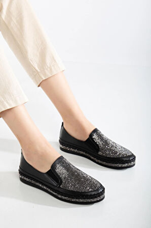 Kadın Günlük Ayakkabı Siyah Taşlı Taban Saraçlı