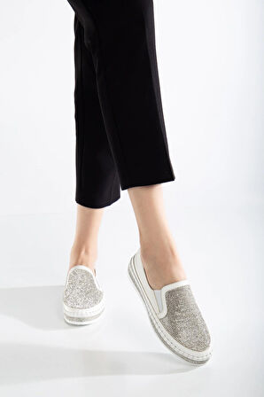 Kadın Günlük Ayakkabı Beyaz Taşlı Taban Saraçlı