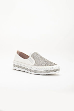 Kadın Günlük Ayakkabı Beyaz Taşlı Taban Saraçlı