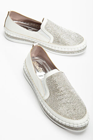 Kadın Günlük Ayakkabı Beyaz Taşlı Taban Saraçlı