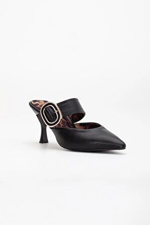 Kadın Topuklu Ayakkabı Siyah Açık Topuk Kalın Taşlı Bantlı