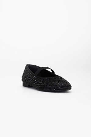 Kadın Babet Siyah Saten Taşlı Elastik Bantlı Yuvarlak Burun