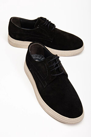 Hakiki Deri Süet Erkek Günlük AYkkabı Siyah Bağlı Bej Taban