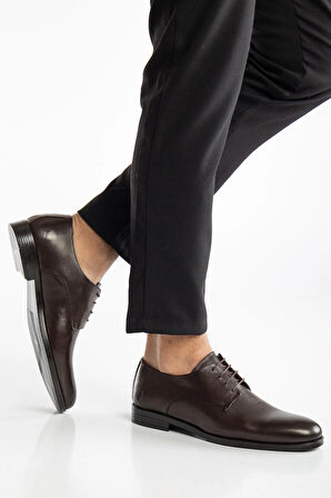 Hakiki Deri Erkek Klasik Ayakkabı Kahve Bağlı Yüzüdüz 