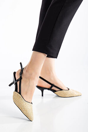 Kadın Kısa Topuklu Ayakkabı Siyah Hasır Malzeme İnce Topuk Yan Direkli